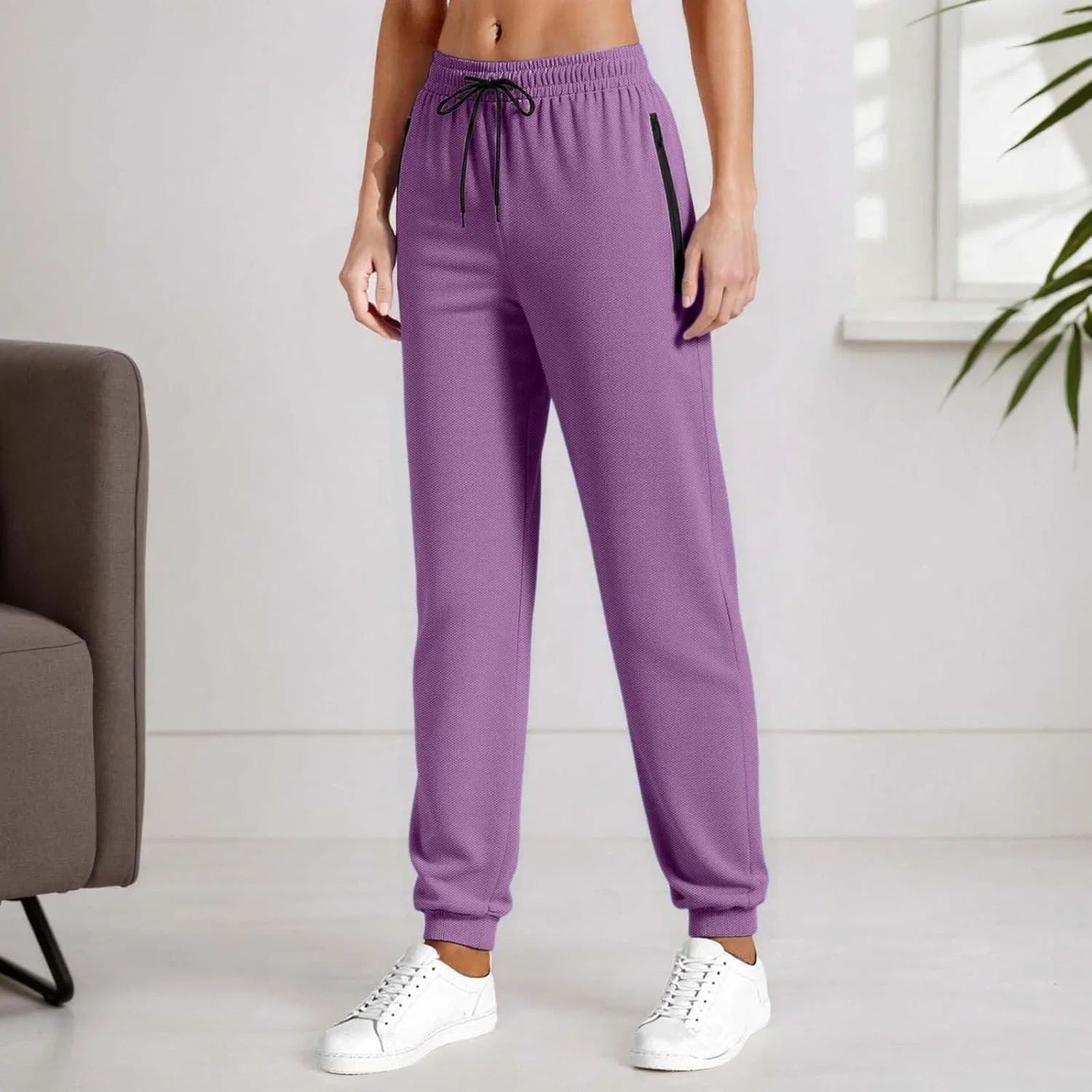 Спортивные брюки с эластичным поясом и карманами на молнии, Generic, Purple — фото 3