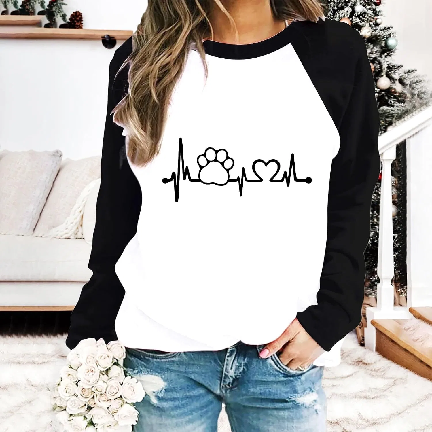 Блуза женская с цветным принтом Casual Fashion Sweatshirt Top, черный — фото 2