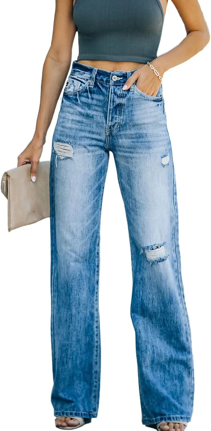 

Женские джинсы с высокой талией и потертостями, расклешенные, эластичные ATOFY