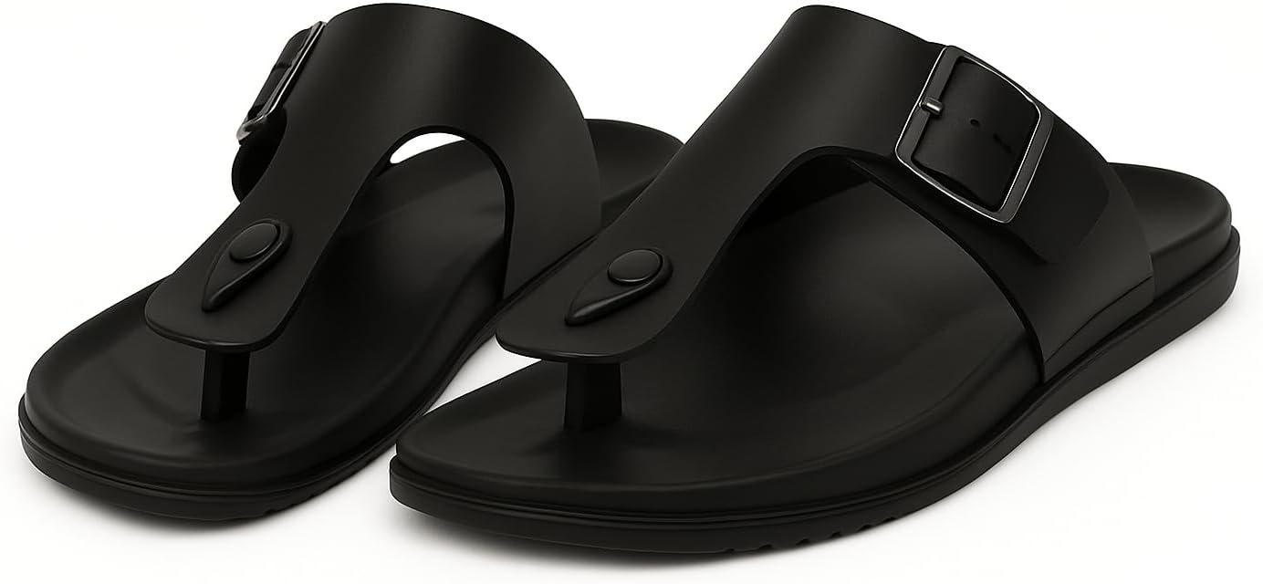 

Мужские сандалии-вьетнамки из искусственной кожи, с открытым носком, на застежке, повседневные летние шлепанцы, плоская подошва Generic, черный