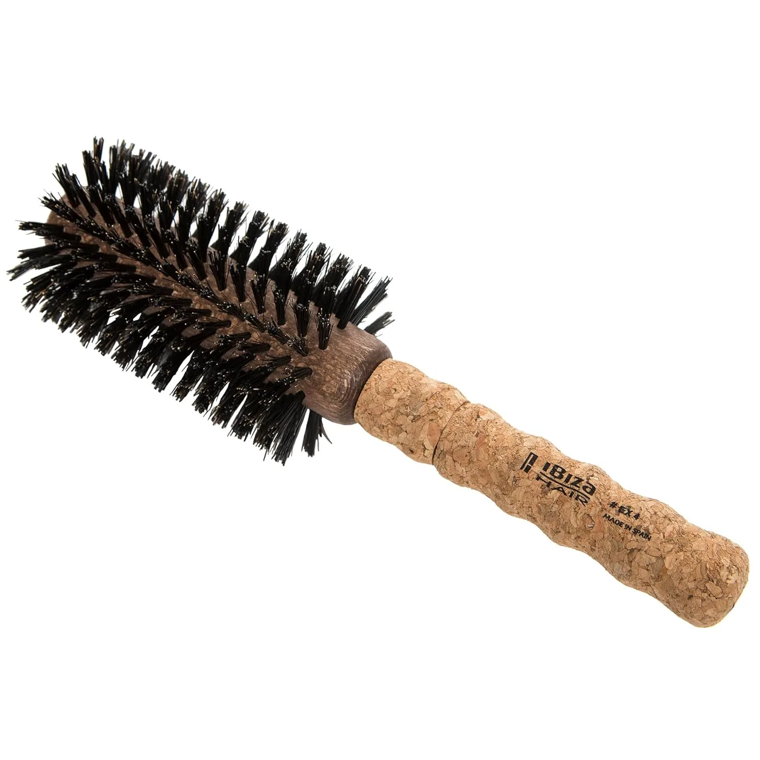 Круглая щетка Ibiza Hair из щетины кабана (серия EX) - легкая, с усиленной щетиной и пробковой ручкой, для блеска и текстуры, идеальна для средних и длинных волос EX4, Black, Brown