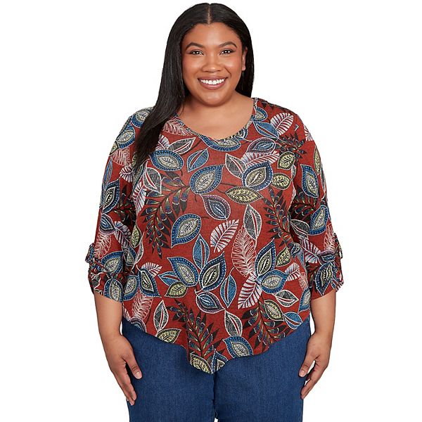 

Асимметричный топ Plus size с меланжевым батиком в листьях Alfred Dunner