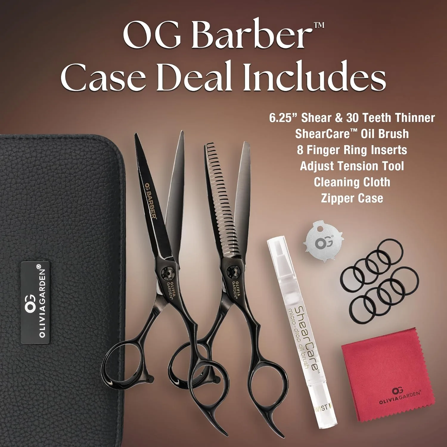 Набор для начинающих парикмахеров Olivia Garden Barber Shears Intro Kit включает профессиональные ножницы для стрижки волос, филировочную машинку, футляр и аксессуары. 15,9 см — фото 2