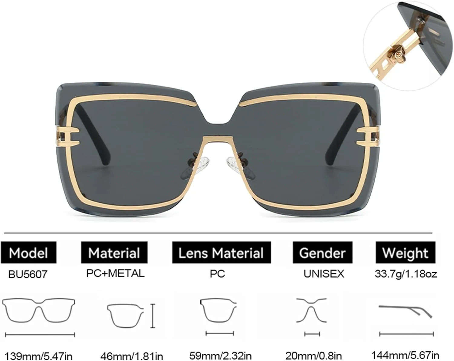 

bullabulling Солнцезащитные очки большого размера «кошачий глаз» для женщин и мужчин, квадратная оправа, безрамочные, цельные, с защитой от УФ-излучения UV400, C6