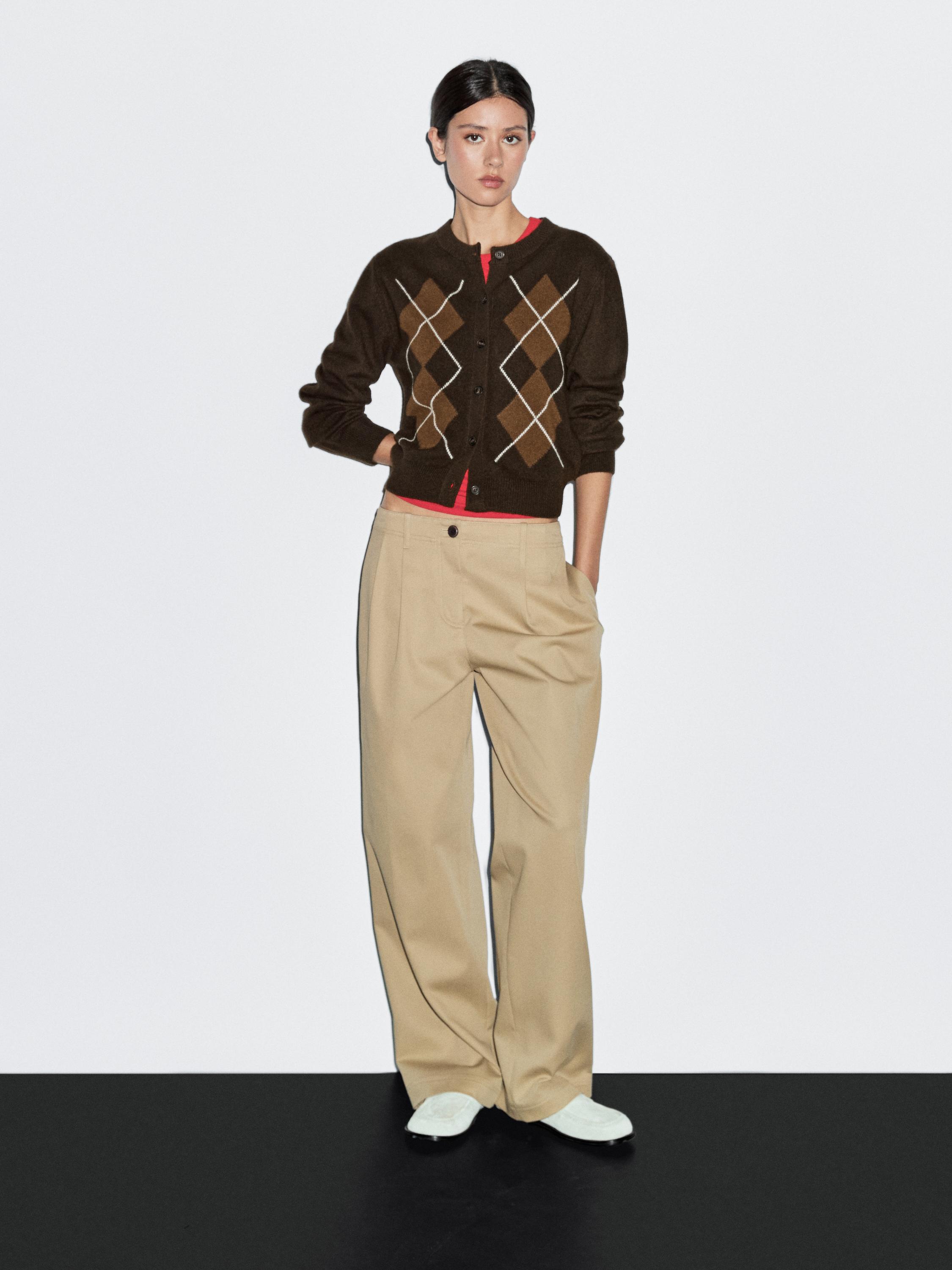 

Вязаный кардиган с ромбовидной отделкой Massimo Dutti, коричневый