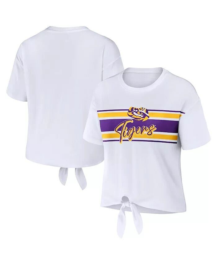 

Женская белая укороченная футболка LSU Tigers в полоску спереди с узлом Wear By Erin Andrews
