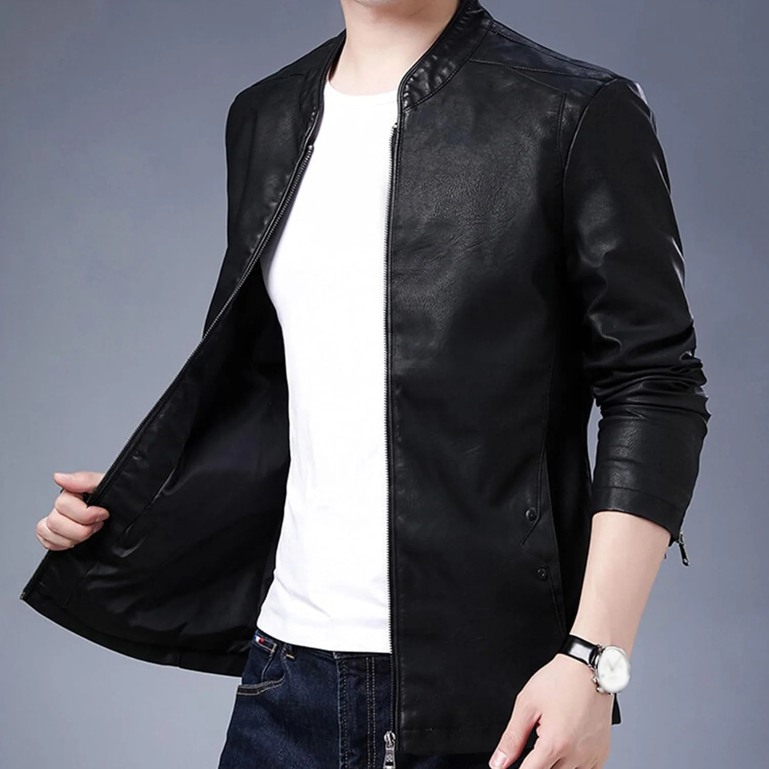 Мужская куртка-бомбер из искусственной кожи Slim Fit, легкая, в стиле мотоциклиста, на молнии, для осени и зимы Generic, черный — фото 2