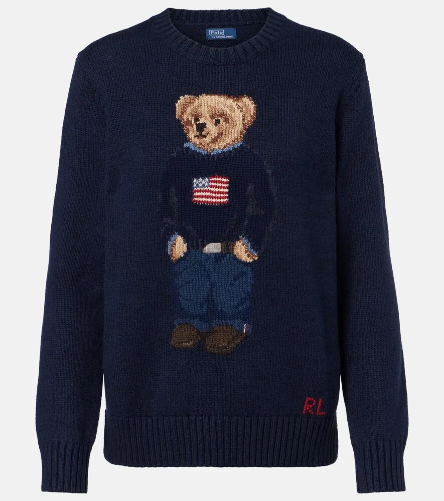 Хлопковый и льняной свитер Polo Bear с интарсией Polo Ralph Lauren, синий