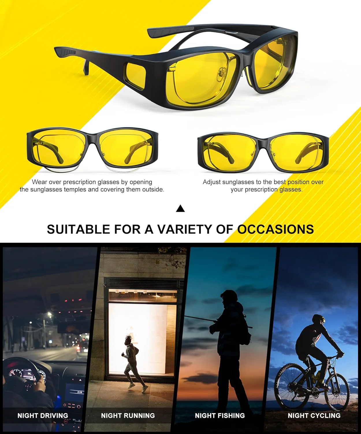 

Очки ночного видения, надеваемые поверх очков, для мужчин и женщин, с обтекаемыми антибликовыми линзами HD для ночного вождения QALLY, A18-black/Wine Red/Pink