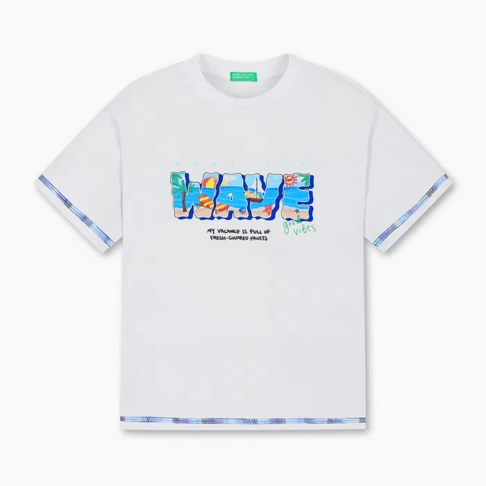 Детская футболка Tropical Wave цвета айвори от Benetton Kids — фото 2