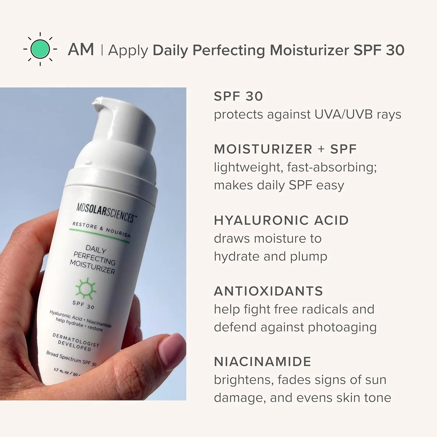 Набор MDSolarSciences Daily Perfecting Moisturizer SPF 30 и MD Advanced Hydration Creme | Дневной и ночной уход | Защита и восстановление кожи — фото 3