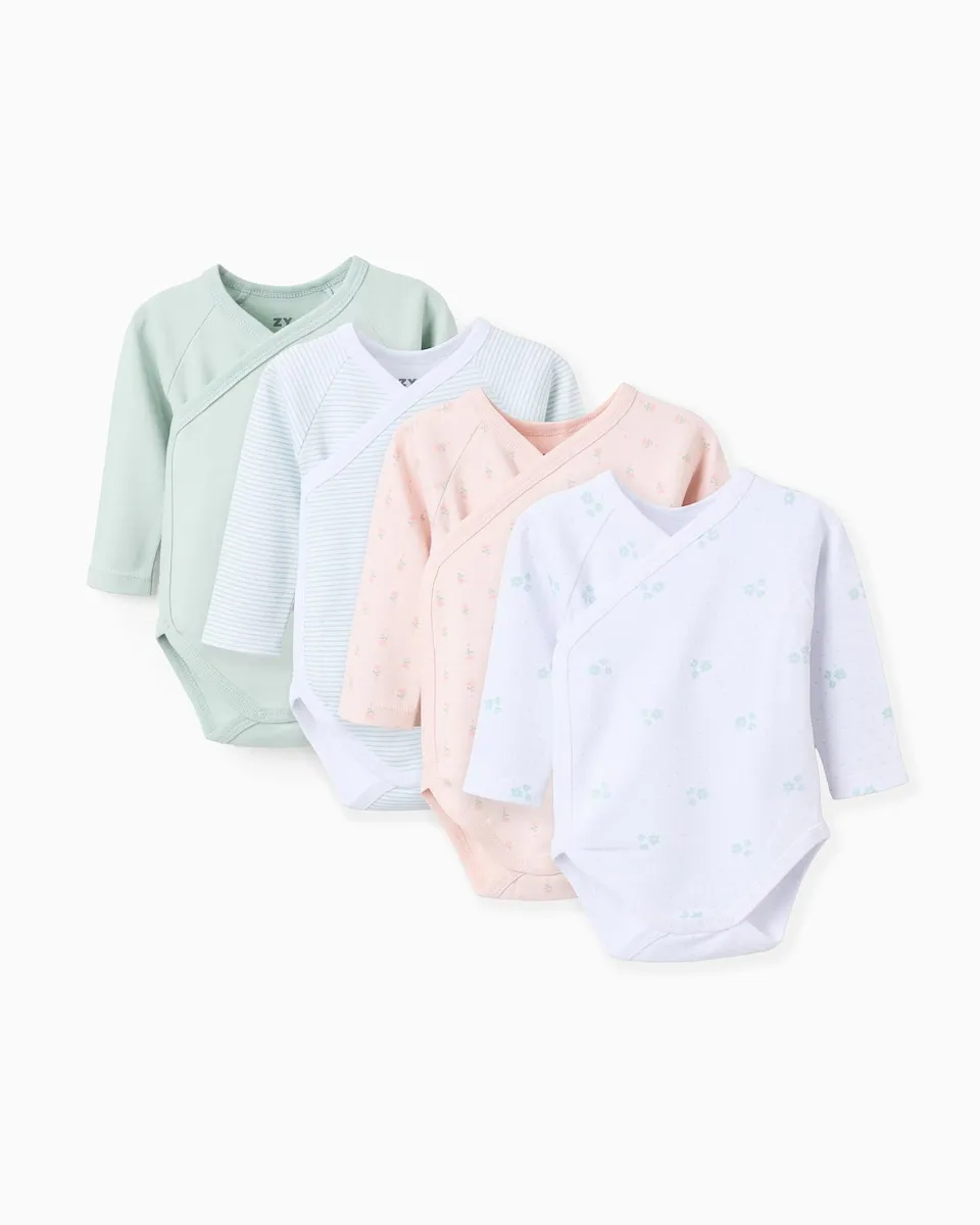 

Набор из 4-х детских бодиков для девочки, 100% хлопок, застежка на кнопки с перекрещиванием и цветочный рисунок Zippy, бирюзовый