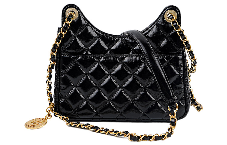 CHANEL Весенняя яркая кожа теленка с морщинками и золотой фурнитурой женская маленькая черная сумка через плечо — фото 3