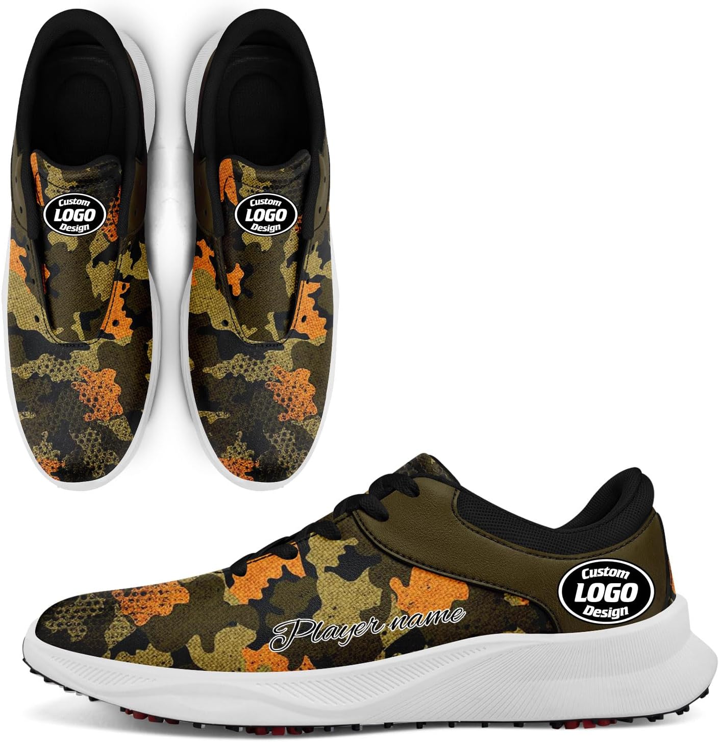 

Стильные кроссовки для гольфа с граффити для мужчин и женщин, камуфляжная расцветка, без шипов, вентилируемая подошва, возможность персонализации логотипом или именем, для занятий спортом на траве Coolcustomize, белый/черный/оранжевый