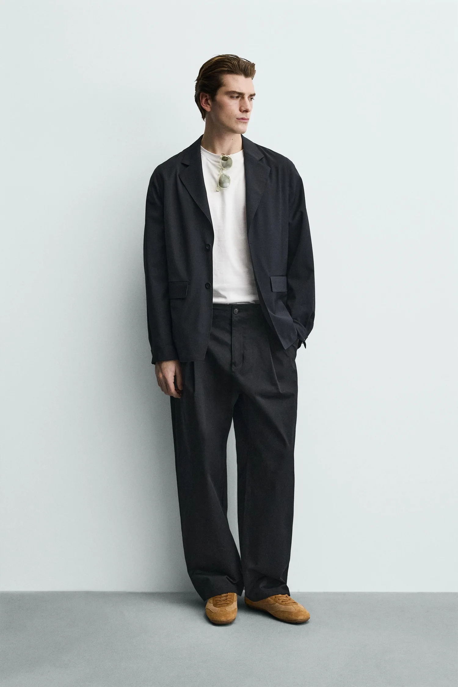 Блейзер свободного кроя из шерстяной смеси Zara, темно-синий