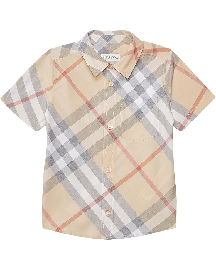 

Рубашка Burberry Kids Owen Check Short Sleeve Button Down Shirt, цвет Pale Stone IP Check