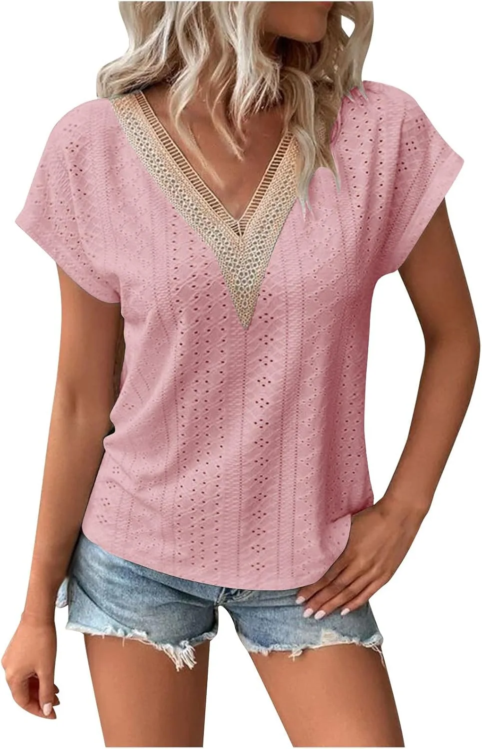 

Женская блузка с кружевным вырезом и короткими рукавами OSFVNOXV