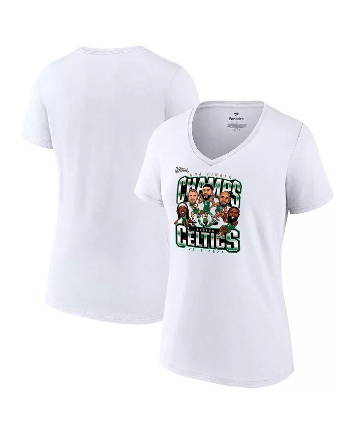 

Женская белая футболка Boston Celtics 2024 NBA Finals Champions Pull Up Jumper с карикатурой и V-образным вырезом Fanatics