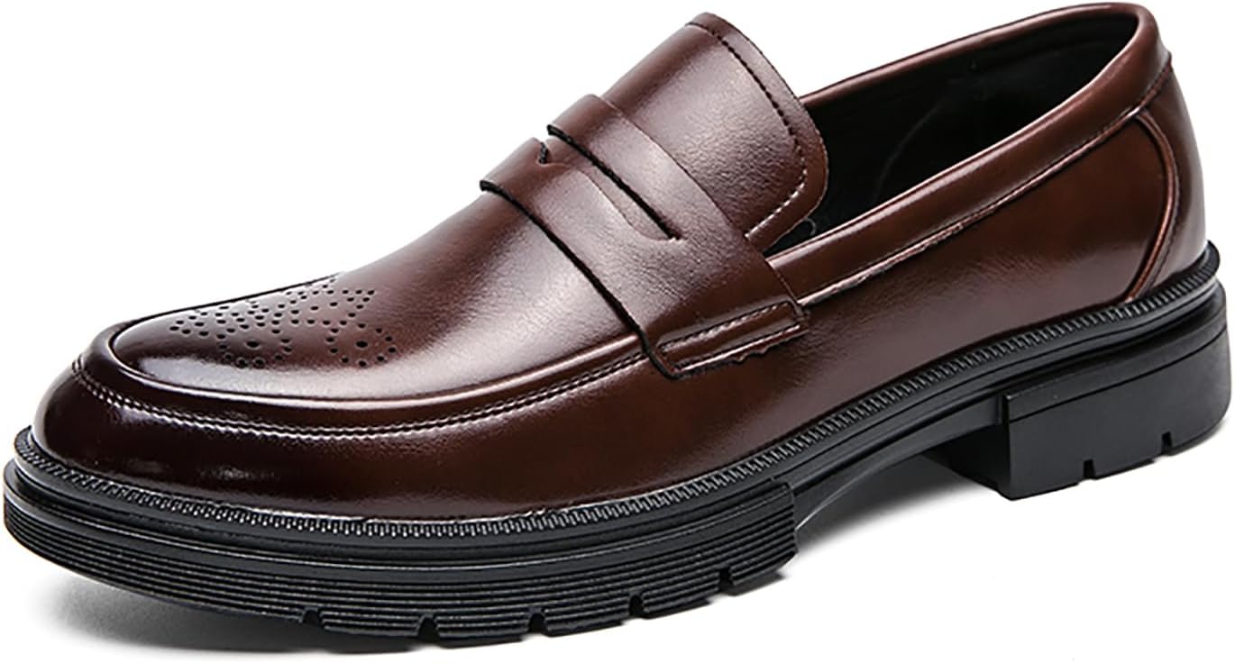 

Мужские кожаные слипоны с брогированием на высокой платформе, модные туфли с круглым носком и массивным каблуком, с нескользящей подошвой, деловые и повседневные лоферы Penny Loveheynew, коричневый