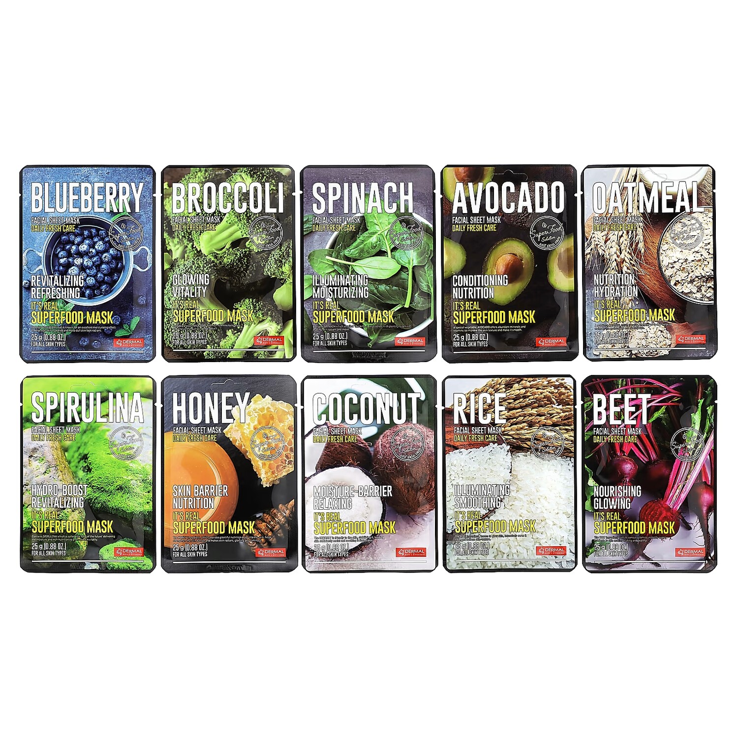 

Маски для лица Dermal Superfood в ассортименте, 10 листов по 25 г