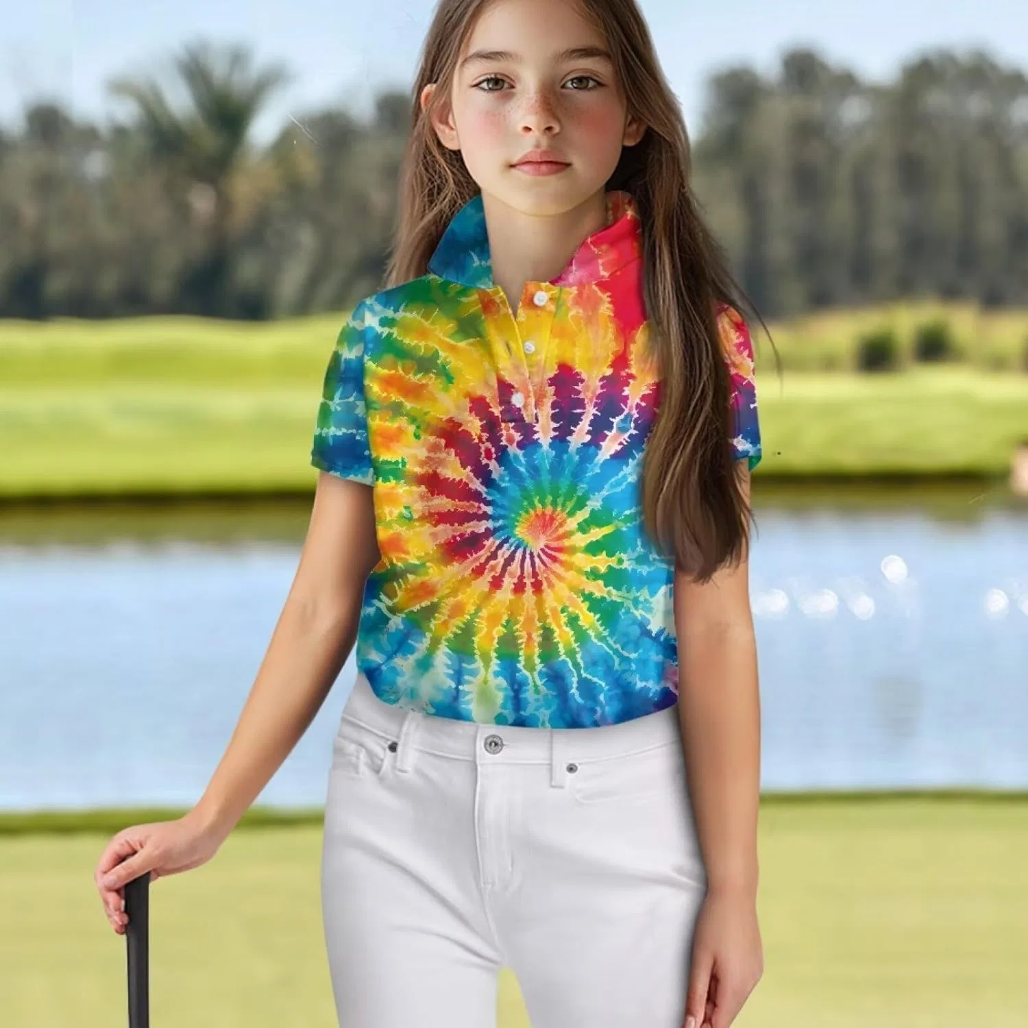 Детская поло для гольфа и тенниса Flaishyardaw, Tie Dye Rainbow, размеры 5-16 — фото 4