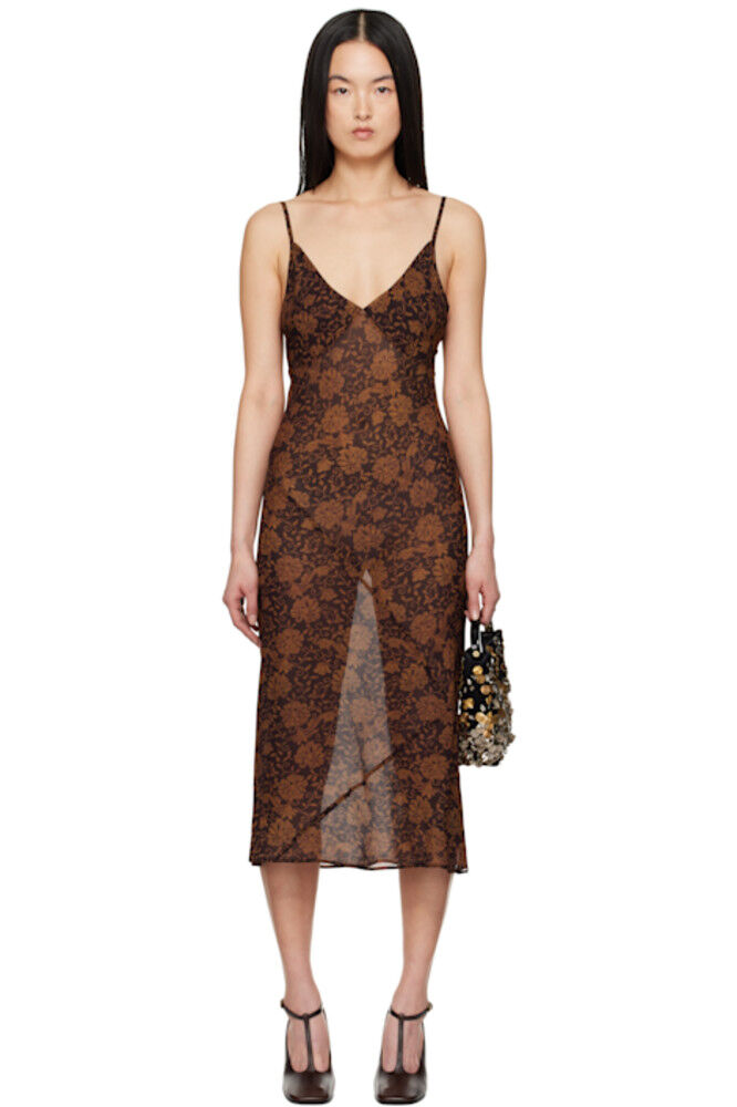 

Коричневое принтованное платье-миди Dries Van Noten