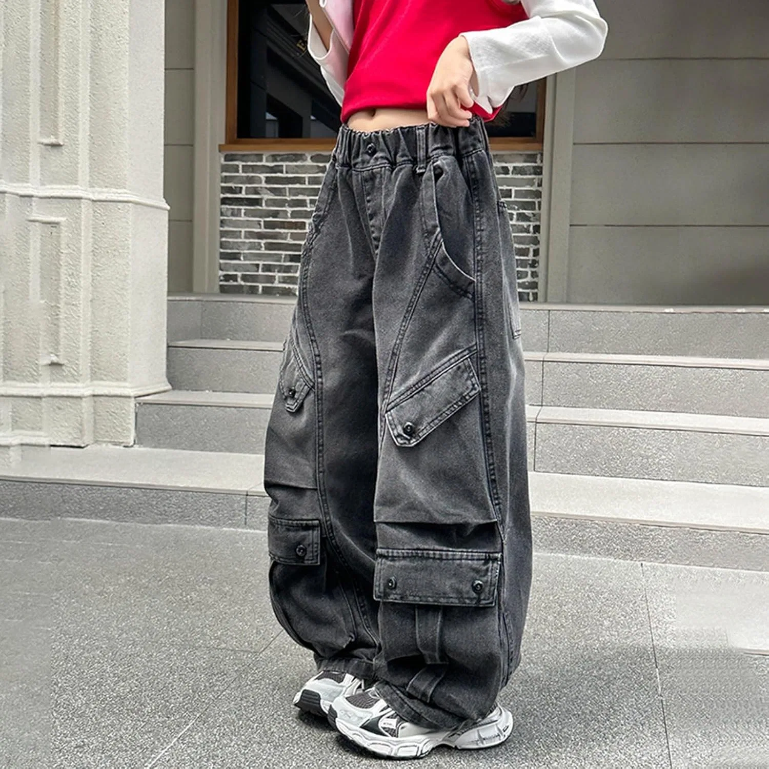 Джинсы для девочек свободные, Wide Leg, Black — фото 4