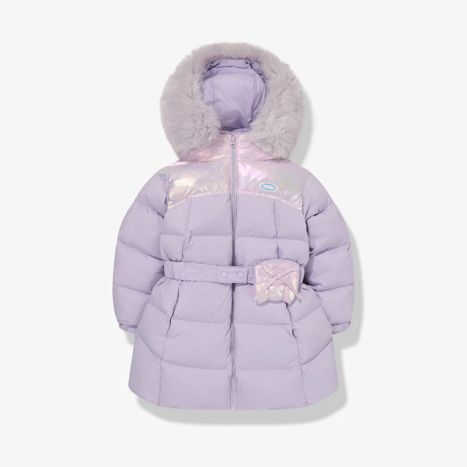Детский длинный пуховик с поясом глянцевый тёмно-синий от Fila Kids — фото 2