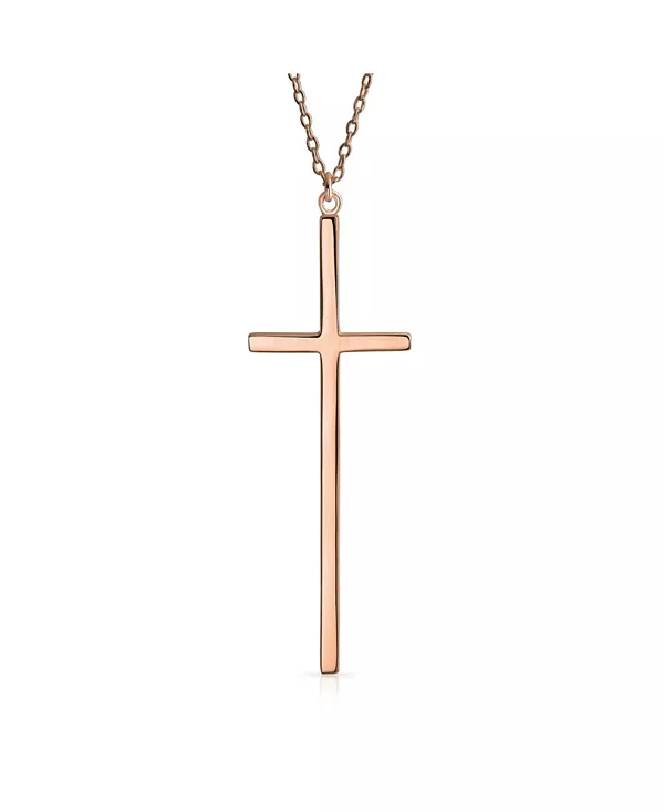 

Современное удлиненное простое базовое длинное плоское тонкое изящное ожерелье с кулоном в виде латинского креста, покрытое розовым золотом, серебро 925 пробы Bling Jewelry, rose