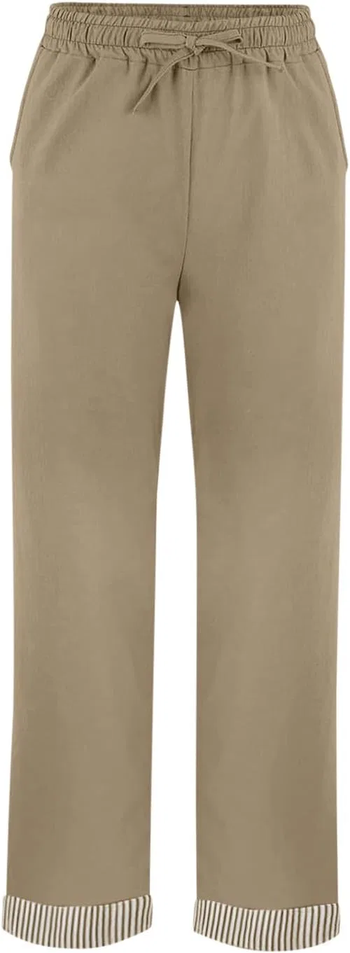 Женские брюки прямые полосатые с карманами на кулиске, Khaki — фото 3