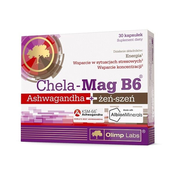 

Olimp Chela-Mag B6 Ashwaganda + Żeń-Szeń препарат, поддерживающий работу нервной системы и улучшающий память и концентрацию, 30 шт.