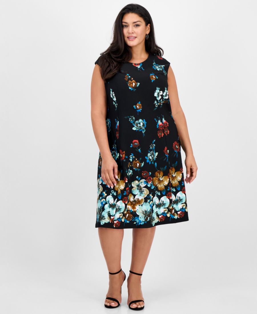 

Платье больших размеров с цветочным принтом, приталенного силуэта и расклешенной юбки Connected, Spi