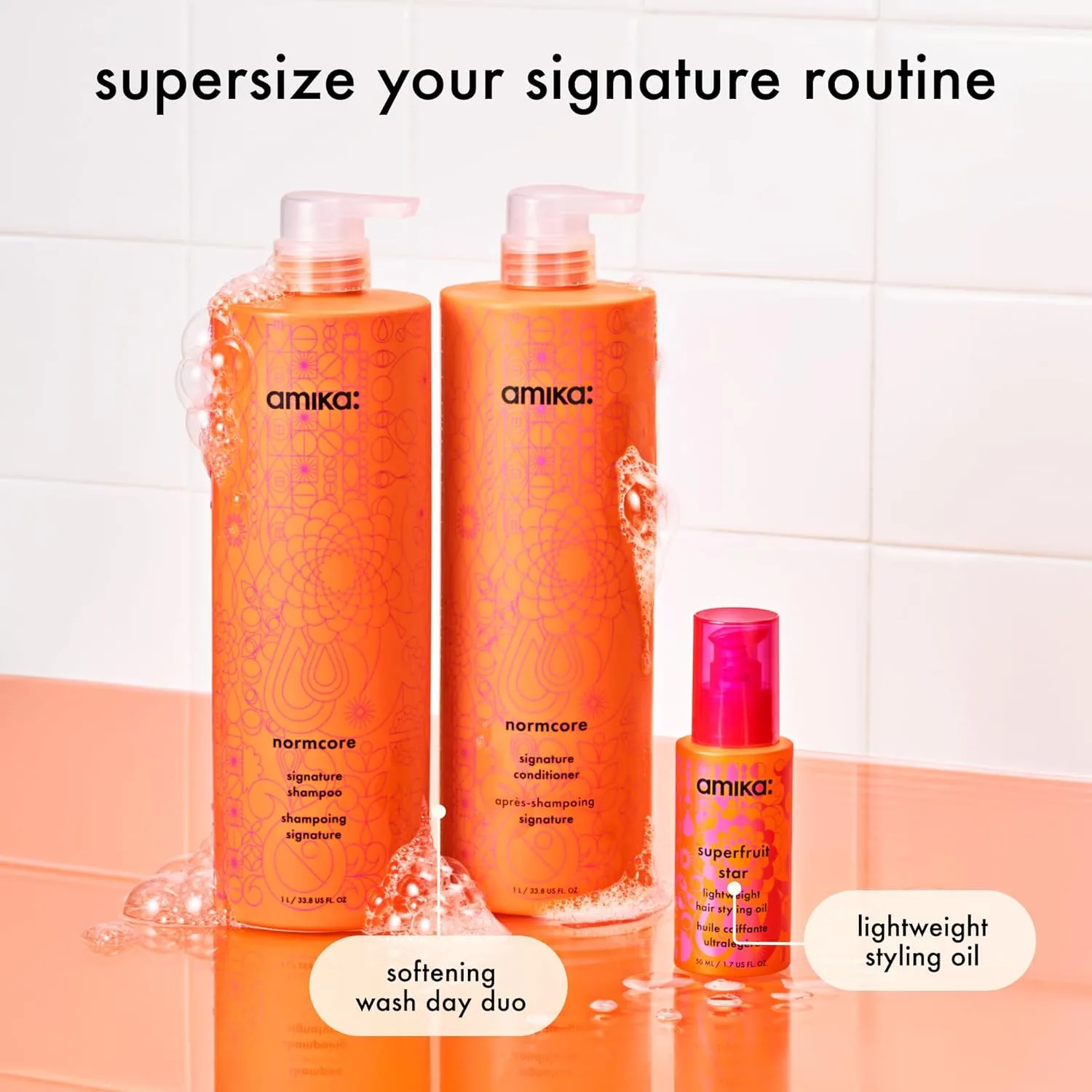 Набор Amika Supersized Superfruit Nourish + Style Set | Для тонких и густых волос типа 1-3c, желающих сделать волосы мягче и ухоженнее, литровый набор для мягких волос. — фото 2