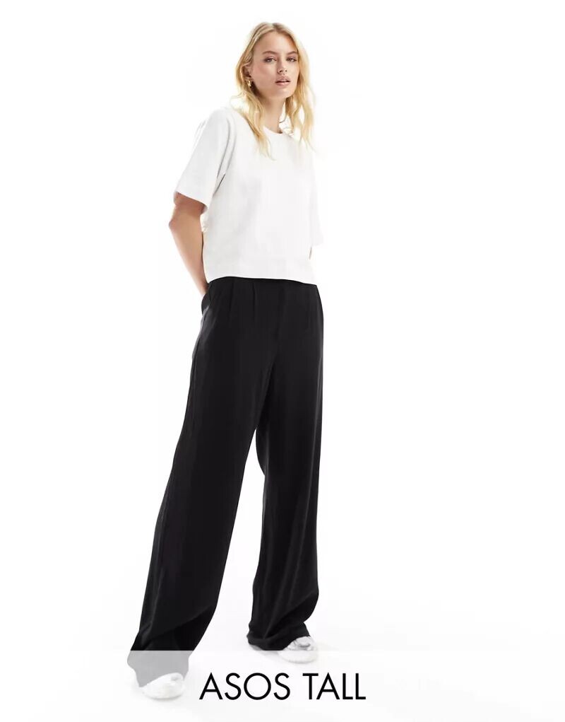 

Черные брюки ASOS Tall с льняной отделкой, стежками и завышенной талией