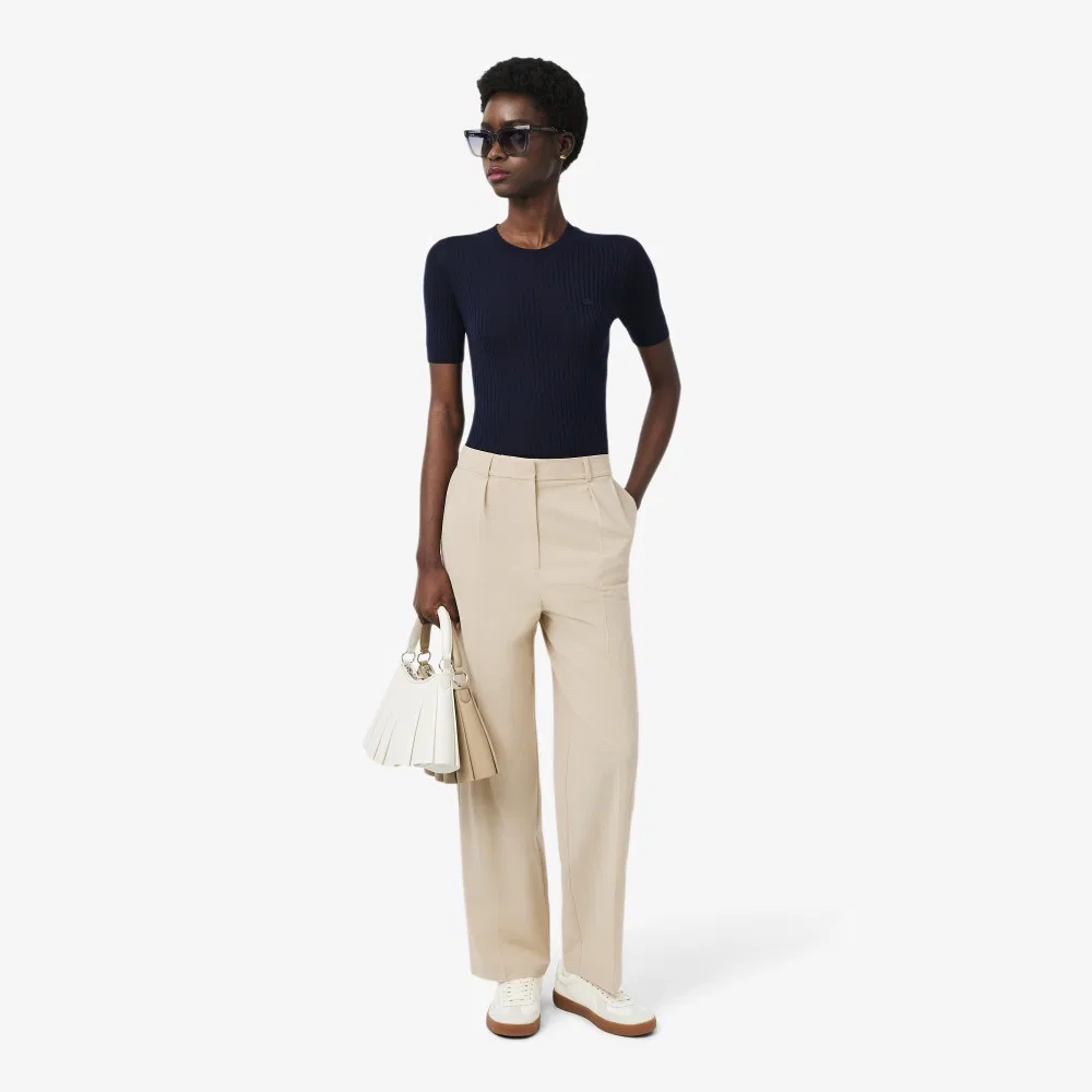 Брюки женские Lacoste, классические, из смесовой шерсти, бежевые — фото 4