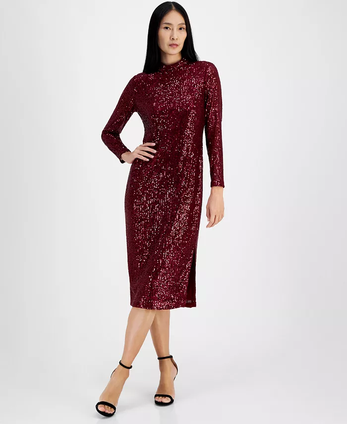 

Женское платье миди с воротником-стойкой и пайетками Anne Klein, красный
