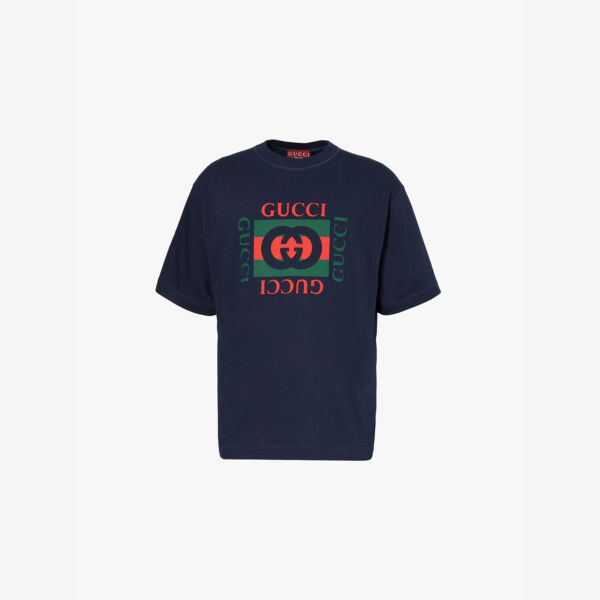 

Футболка прямого кроя из хлопкового джерси с фирменным принтом Gucci, синий