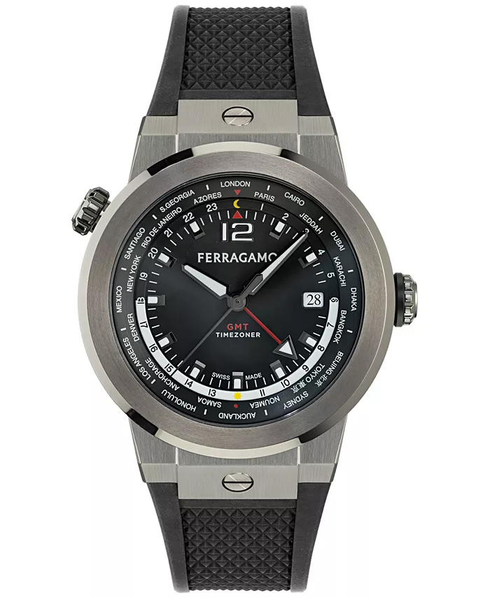 

Мужские часы Swiss F-80 GMT Worldtime с синим силиконовым ремешком, 43 мм Ferragamo