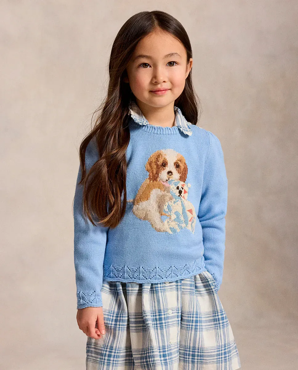 Джемпер для девочки с круглым воротником с фестонами Polo Ralph Lauren, светло-голубой — фото 3