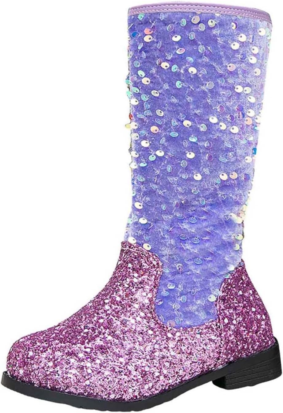 

Детские сапоги для девочек, средней высоты, с округлым носком, с блестками, вестерн, для малышей и детей постарше, для нарядов, праздников, дня рождения и танцев Generic, Purple