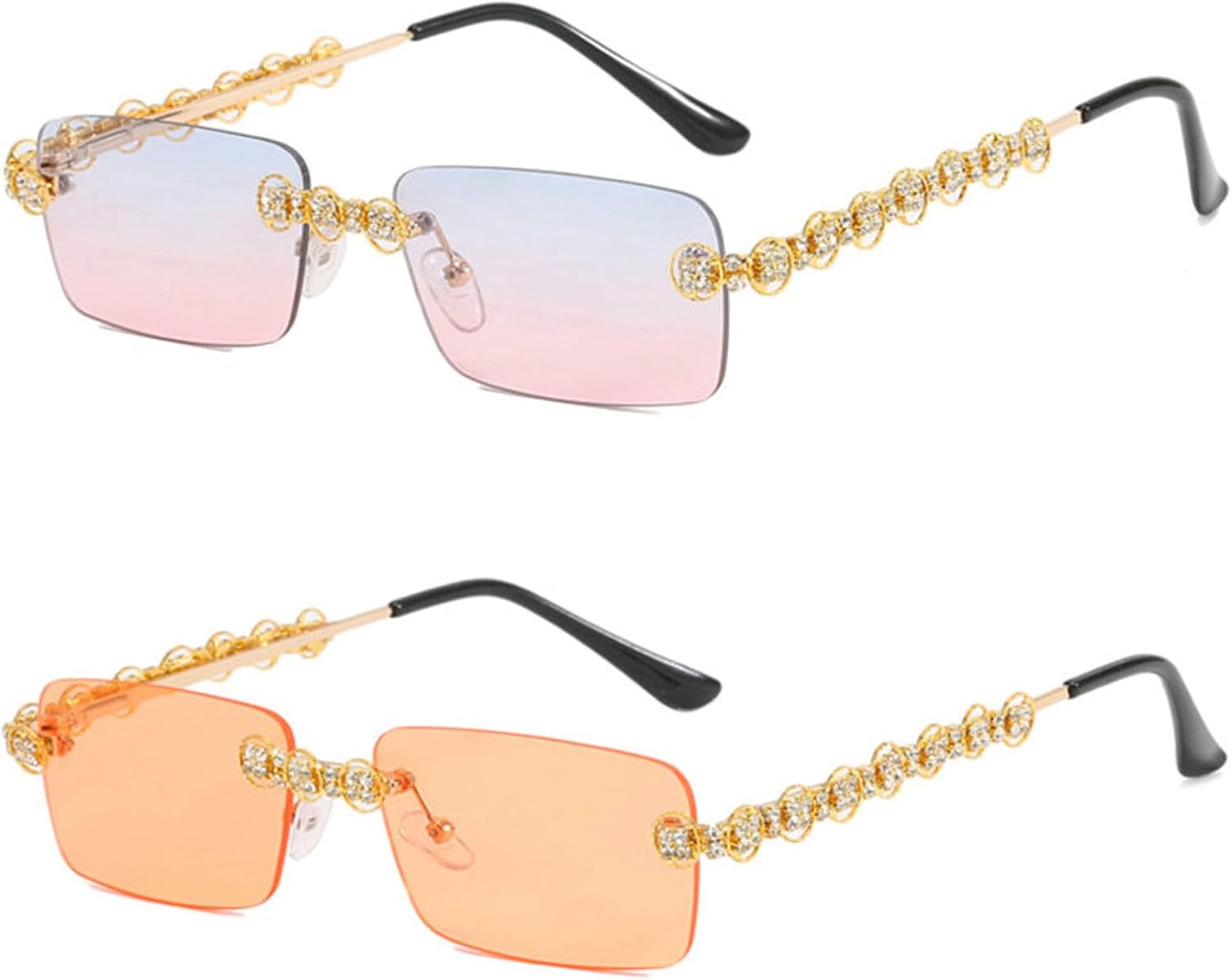 

Солнцезащитные очки Willochra без оправы со стразами, женские, с кристаллами, сверкающими бриллиантами, прямоугольной формы, блестящие, для вечеринок, 2pcs-blue Pink&orange