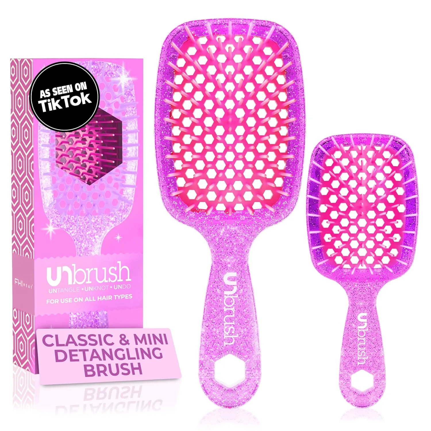 FHI Heat UNbrush Detangling Brush Combo Pack - оригинальная и мини UNbrush для всех типов влажных и сухих волос - DuoFlex антистатическая щетка, вентилируемая расческа для безболезненной укладки, Rose Quartz Pink