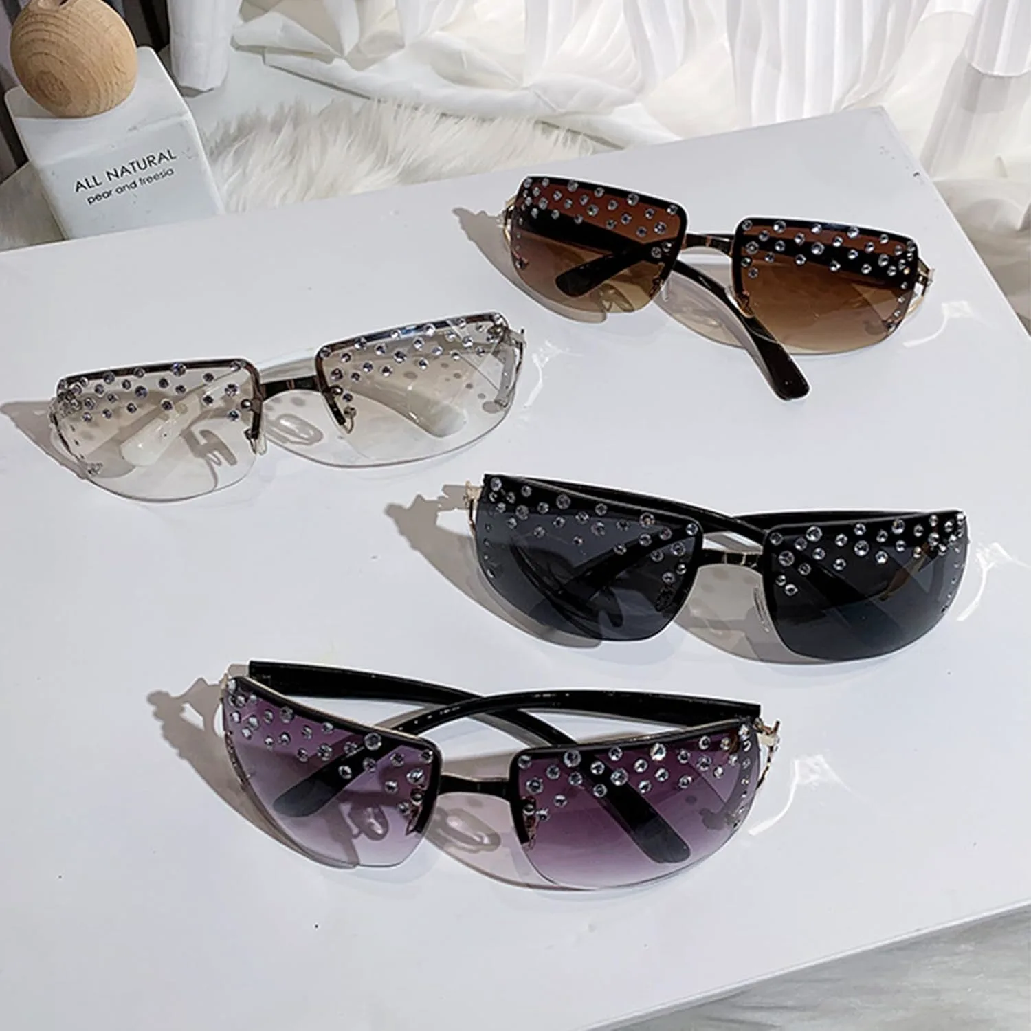 

bullabulling Винтажные прямоугольные солнцезащитные очки без оправы со стразами для женщин, ретро квадратные, роскошные, с бриллиантами, для вечеринки, Black