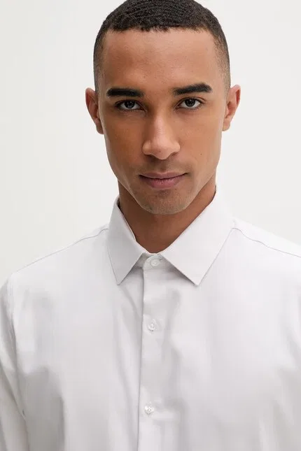 Рубашка хлопковая с эластаном slim fit Calvin Klein, бежевый — фото 4