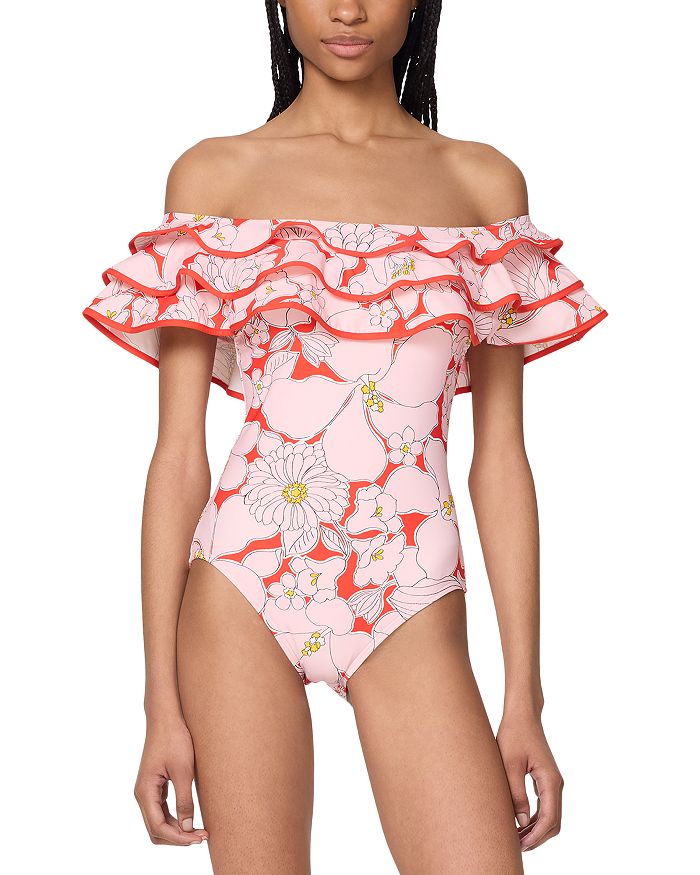 

Купальник-боди с принтом и рюшами Bandeau kate spade new york, оранжевый