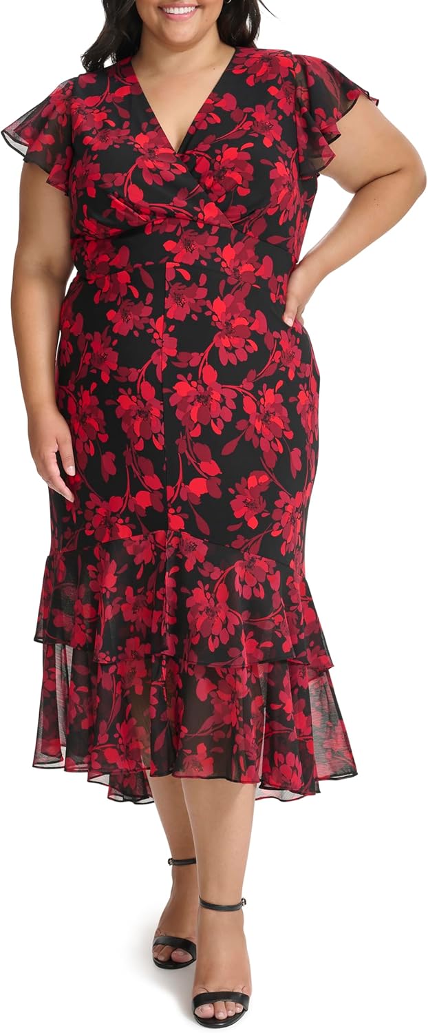 

Женское шифоновое платье Tommy Hilfiger Hi Lo с рукавами-крылышками, V-образным вырезом и оборками, Chil Pepper Multi