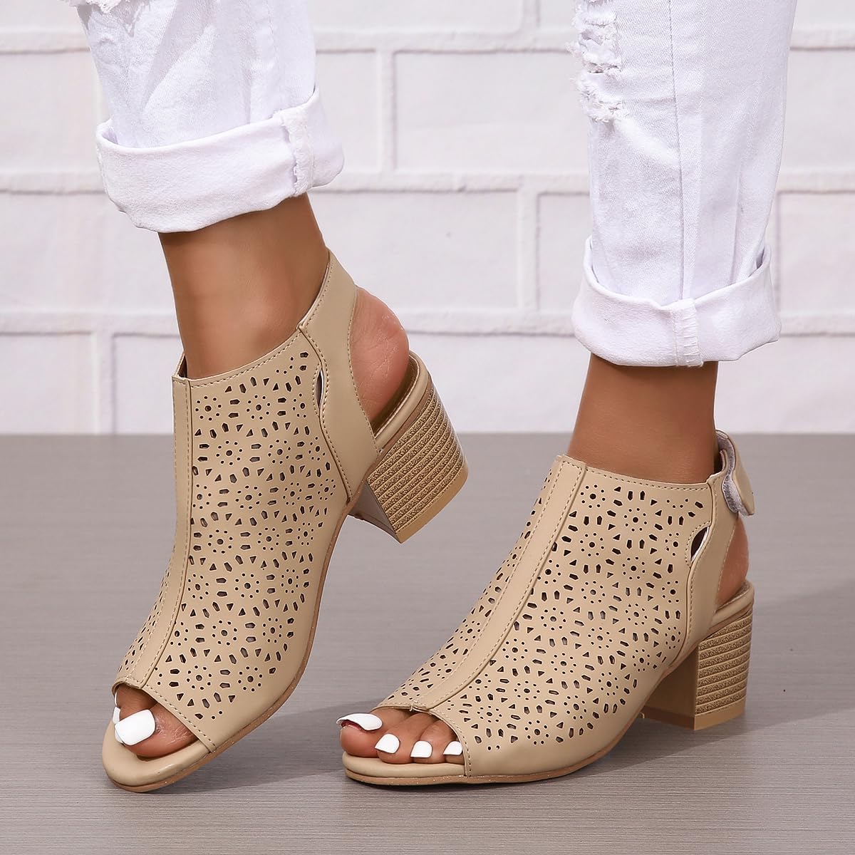 Босоножки на каблуке для женщин с вырезами, открытым носком, летние с массивным устойчивым каблуком, с ремешком на щиколотке, ботильоны, удобные мюли на каблуке с открытым носком, массивный низкий каблук, слипоны Generic, хаки — фото 2