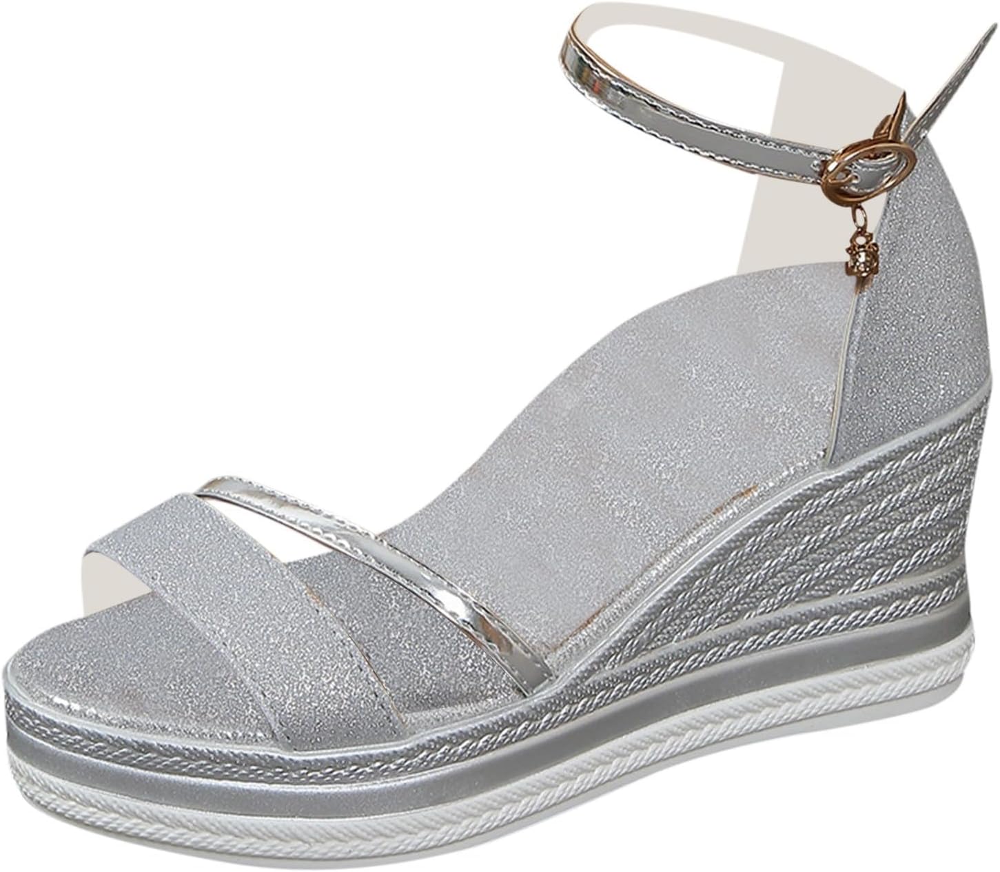 

Женские сандалии на платформе с танкеткой, с ремешками и пряжкой на щиколотку, с открытым носком, повседневные летние сандалии, удобные для ходьбы, для прогулок, отпуска, путешествий и работы Toumov, серебро
