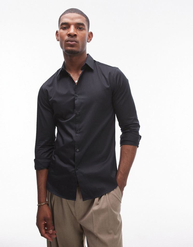 

Черная сатиновая рубашка с длинными рукавами Topman