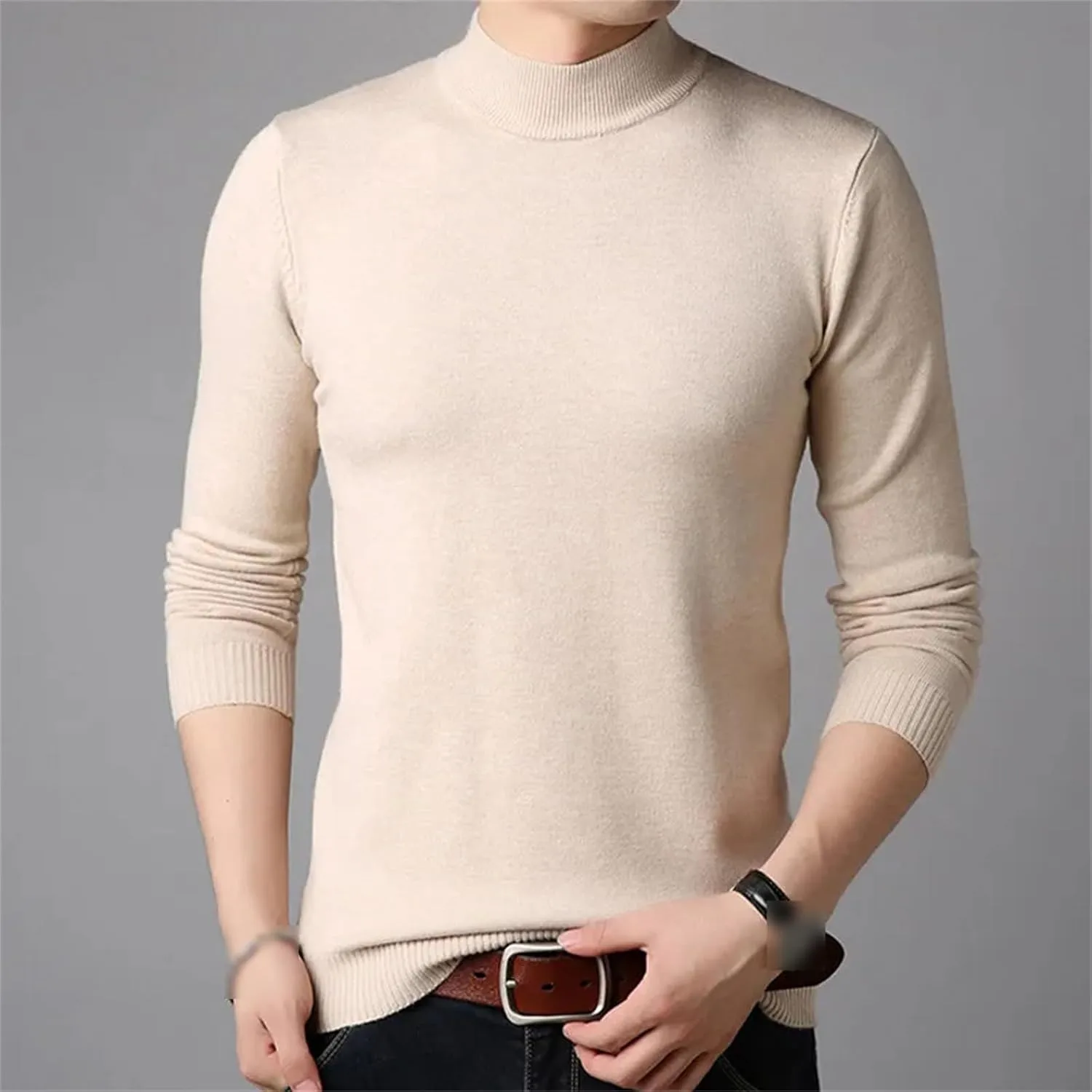 Мужской свитер из кашемира, полный рукав, однотонный, Plus Size — фото 3